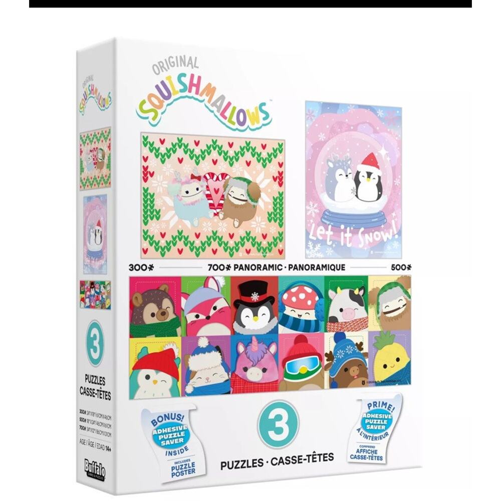 Squishmallows 3 Puzzles Set 300-700 Adhesive Puzzle Saver Included Buffalo Games